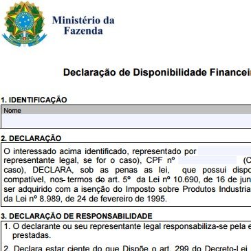 Declaração de Disponibilidade Financeira ou Patrimonial